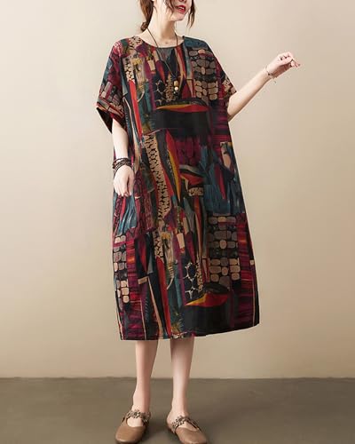 Image of LUZU JUNU Women's Summer Baggy Plus Size Loose Cotton Linen Long Boho Beach Dress with Pockets