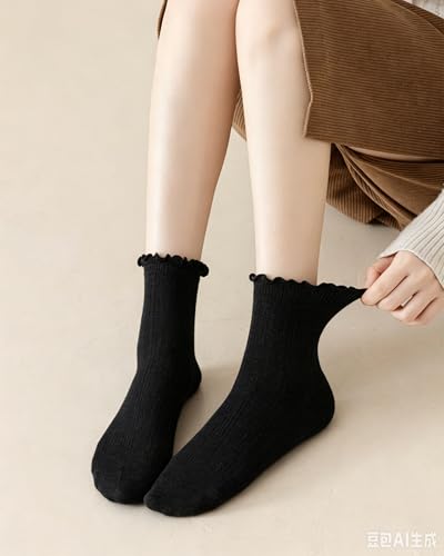 Image of Mcool Mary Womens Crew Socks Ruffle Casual Cotton Frilly Breathable Cute Knit Lettuce Trim Dress Ankle Socks 6 Pack