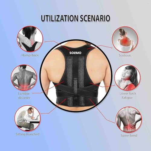 Image of Amazon Brand - Solimo Posture Corrector for Men & Women - Adjustable Back Brace with Lumbar Support, Shoulder Support & Waist Belt for Pain Relief & Better Posture | Black