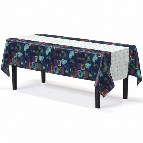 Image of Exquisite Gamer Style Table Cover 6 Pack 54 in. x 108 in. Rectangle Plastic Tablecloth Disposable Table Covers for Video Game Level Up Controller Pixel Boys Birthday Party Supplies Decorations