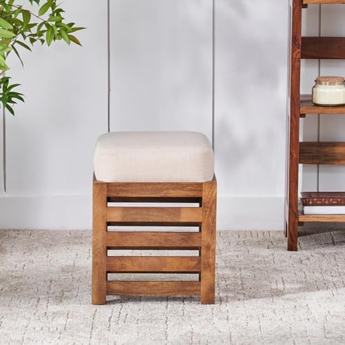 Image of Wooden Ottoman Stool with Cushioned Seat | Modern Square Footrest Pouffe for Living Room Bedroom | Solid Wood Accent Stool for Home Decor Seating (Natural, 12 By 12 Inches)