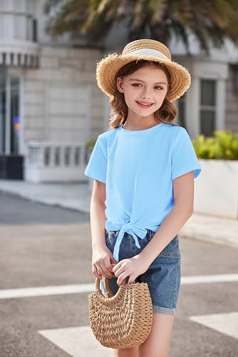 Image of Arshiner Girls Short Sleeve Shirts Tie Knot Front Tops T Shirts for Kids Crewneck Cute Casual Tie Dye Tee Blouse