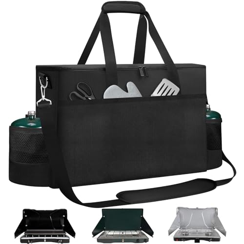 CSOKRE Camping Stove Carry Case For Coleman 2-Burner, Heavy-Duty Water-Resistant Portable Storage Bag For Camp Chef Everest 2-Burner Gas Stoves, Adjustable Shoulder Strap & Grill Tools Pockets, Black