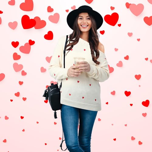 Image of Coume Women Valentine Heart Sweater V Neck Embroidery Knit Long Sleeve Loose Casual Pullover for Girlfriend Wife Gift