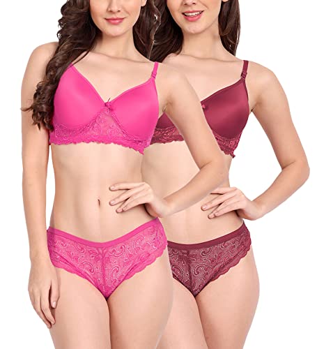 Image of FIMS - Fashion is my style Women Cotton Floral Lace Padded, Non-Wired, Full Coverage, Seamless Bra Panty Set, Multicolor, Lingerie Set