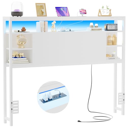 Unikito Full Size Headboard with Storage Headboards with Outlet and RGB LED Light Sturdy Head Board for Full Size Bed Stable Headboard Only for Bedroom Dorm Room Guest Room White