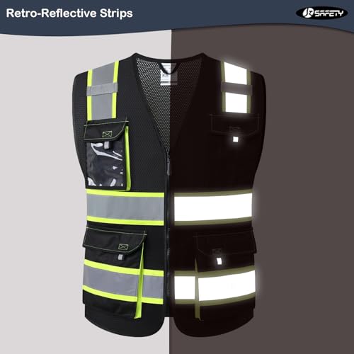 JKSafety Hi Vis Reflective Safety Vests for Men Women High Visibility Vest with Pockets Fabric Construction Safety Apparel Neon Vest for Work (220-Black M)