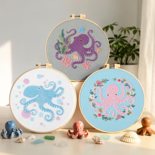 Image of Mindsoft 3 Set Needlepoint Kit for Beginners with Hoop,Octopus | Bamboo Hoop Thread Needles Instructions, Easy Hand Embroidery for Beginners Home Crafts,Pre-stamped Funny Cute Designs