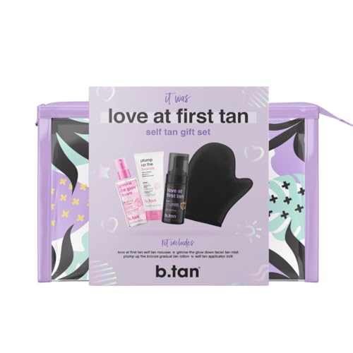 Image of b.tan Self Tan Travel Kit | Love At First Tan Gift Set - Includes Mini Violet Self Tanner, Gradual Tanning Lotion, Dark Bronzing Drops, & Applicator Mitt