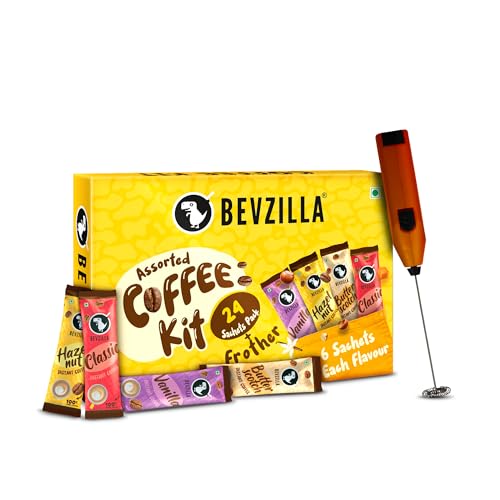 Image of Bevzilla 24 Coffee Sachets & Frother (24 X 2 Gram Sachets) | 6 Pouches Each Flavour | Cafe Coffee Kit | Classic, Hazelnut, Vanilla & Butterscotch | Arabica Beans | Enjoy Hot & Cold