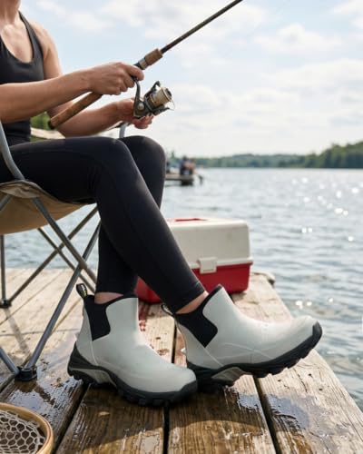 Image of Kalkal Women's Rubber Boots Waterproof Fishing Deck Boots with Shock Absorption Sports Sole, Ankle Rain Mud Boots for Outdoor Garden Chore