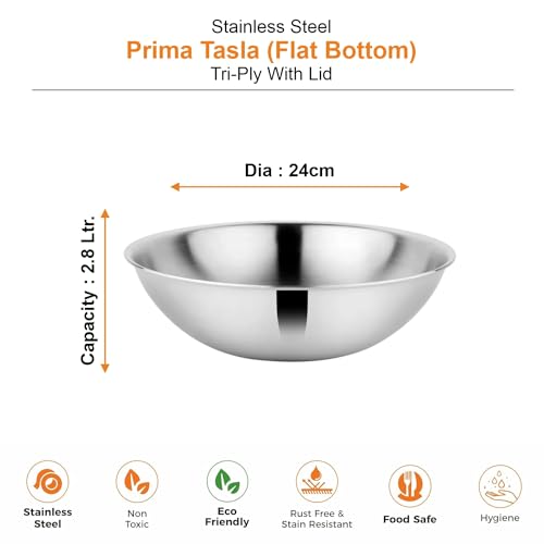 Image of Prabha Stainless Steel Prima Tasla with Flat Bottom, Tasla, 24cm, 2.8 L Capacity, Perfect for Kitchen Need, Induction and Gas Stove Compatible Without Lid.