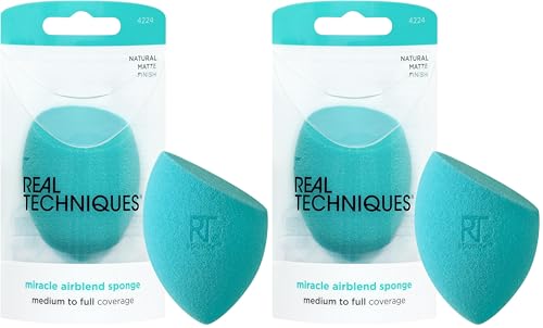 Real Techniques Miracle Airblend Sponge, esponja para mezclar maquillaje, para bases líquidas y en crema (Paquete de 2)