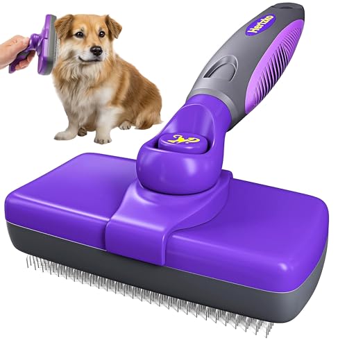 Hertzko Self Cleaning Slicker Brush for Dogs and Cats - Pet Hair Brush for Shedding Long and Short Hair - Easy Clean Retractable Bristles - Cat and Dog Grooming Tool - Purple