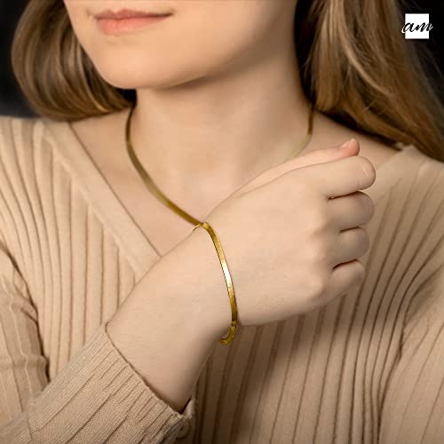 Image of Amberta Women 925 Sterling Silver Flat Snake Bracelet: 3 mm Gold Plated Herringbone Bracelet 20 cm