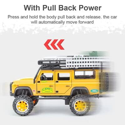 Image of 1:28 Scale Die-Cast Metal Camel Trophy Defender with 6 Openable Doors,Music,Lights & Pull Back Action (Yellow)