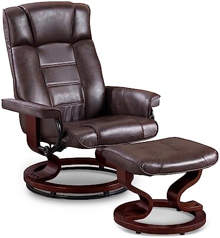 MCombo Swiveling Recliner Chair with Wrapped Wood Base and Matching Ottoman Footrest, Furniture Casual Chair, Faux Leather 9019 (Dark Brown)