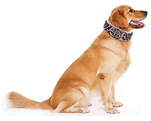 Beirui Spiked Leather Dog Collar - 3 Rows Bullet Rivets Studded PU Leather - Cool Skull Pet Accessories Best Choice for Medium and Large Dogs,Pink Leopard 15-18"