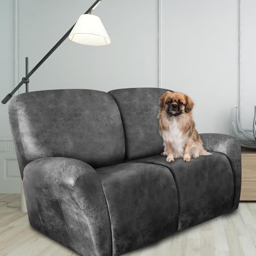 Image of ANARACHON Loveseat Recliner Cover Leather Look Recliner Loveseat Covers Recliner Sofa Cover for 2 Seater Reclining Couch Spandex Fabric Washable 6 Pieces (2 Seater, 02 Light Grey)