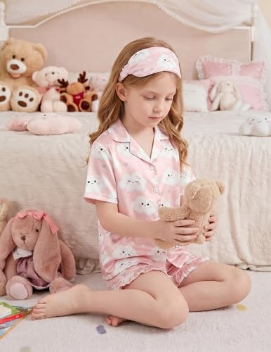 Image of Arshiner Girls Pajamas Silk Satin Pajama Set Button Pjs Ruffle Sleepwear | 2 Piece Nightwear, Silky Soft Lounge for Little & Big Kids, Ideal for Sleeping and Sleepover Party
