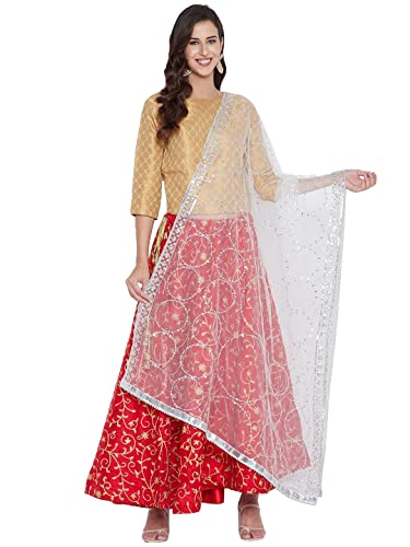 eloria-Decor Floral Off White Woman Indian Ethnic Chunni, Dupatta, Stole, Scarf Shawl Wrap, Net 88 x 42 Inches Approx.