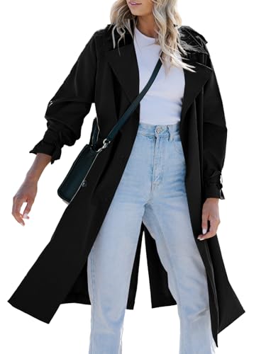 Tankaneo Womens Long Trench Coat Double Breasted Notch Lapel Lightweight Oversized Windproof Fall Overcoat with Belt