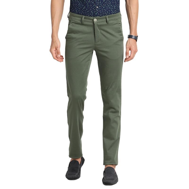 Image of Turtle Men Cotton Stretch Olive Printed Narrow Fit Flat Front Casual Trouser