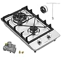 2 Burner Propane Gas Cooktop with 1.5 Volt Battery, 12 Inch LPG/NG Convertible Portable Gas Stove Top, Stainless Steel Gas Hob for RVs, Apartment, Outdoor, Easy to Clean
