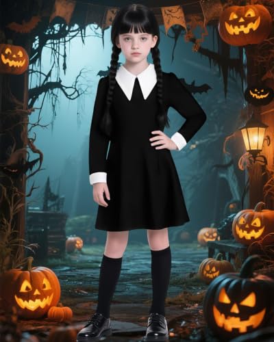 Disfraz infantil negro para niñas con peluca y collar miniatura 5