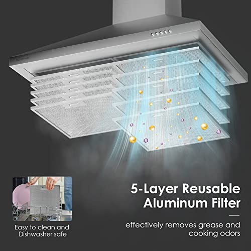 Soonye 450 Cfm Stainless Steel Wall Mount Vent Hood With 3 Speed Exhaust Fan,5-Layer Aluminum Filters, Convertible To Ductless, 30 Inches #TOP2