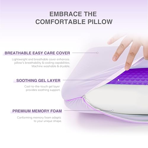 EGOHOME Cooling Gel Memory Foam Pillow - Reversible Cooling Cover, Neck Support for Side, Back and Stomach Sleepers, Removable & Machine Washable, All-Season Comfort, Standard Size, Purple - Image 4