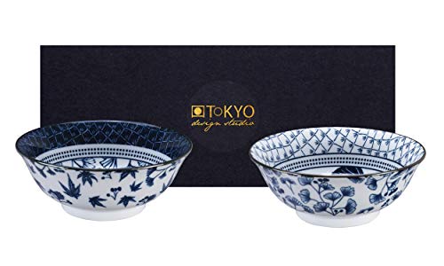 TOKYO design studio Flora Japonica 2-er Schalen-Set blau-weiß, Ø 20,3 cm, 8 cm hoch, ca. 1000 ml, asiatisches Porzellan, Japanisches Blumen-Design, inkl. Geschenk-Verpackung Cover