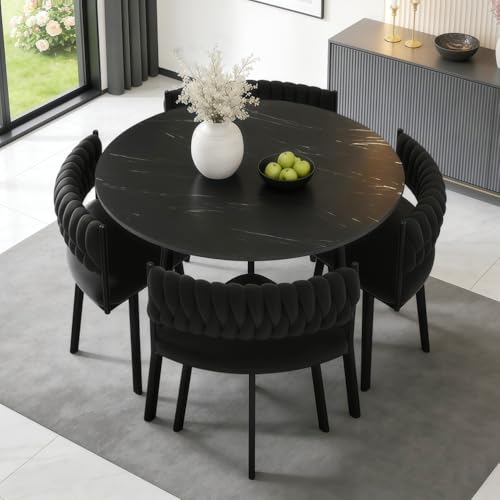 Dining Table and Chairs Set for 4, 5 Pieces Rock Slab Kitchen Table with 4 Velvet Chair, Space Saving Dining Room Sets for Home Living Room Restaurant, Black