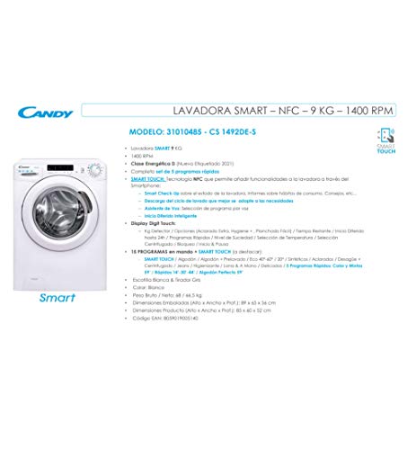 Candy-Smart-CS-1492DE-S-Lavadora-9-KG-1400-RPM-Digital-Tecnologia-NFC-Asistente-de-Voz-15-Ciclos-5-Rapidos-Planchado-Facil-Inicio-Diferido-24H-Detector-de-KG-79-DB-Clase-D-Blanco