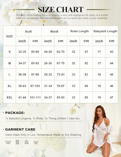 RSLOVE Women Sexy Lingerie Set - 3 Piece Babydoll & Lace Kimono Robe Bridal Strap Chemise Mesh Nightgown White S