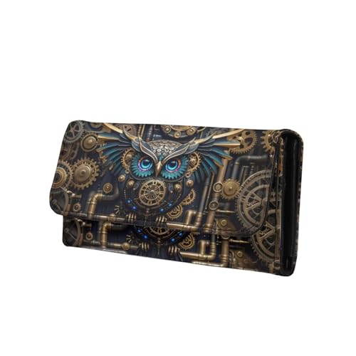 Mechanical Owl Bird Long Wallet for Women Steampunk Gears Pipes Printed PU Leather Slim Clutch Purse Wallet, Retro Victorian Clockwork Art Zipper Phone Organizer