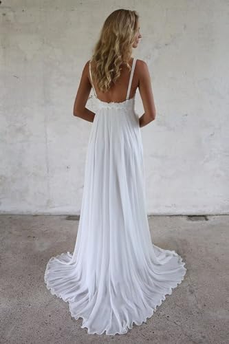 Image of Women's V Neck Spaghetti Straps Beach Wedding Dresses for Bride, Long A-Line Chiffon Bridal Gown Lace Wedding Gowns
