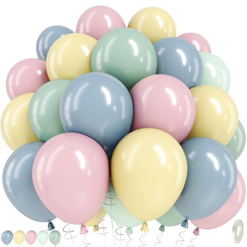 Pink Green Blue Balloons, 12 Inch Pastel Pink Sage Green Dusty Blue Yellow Latex Balloons for Baby Shower Fairy Floral Birthday Wildflower Tea Garden Theme Easter Goose Chicken Party Decoration 50Pcs