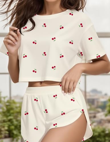 Image of Split Short Pajama Set Soft Women's Striped Pajama Sleeve Tee & Elastic Waist Shorts Lounge Sleepwear