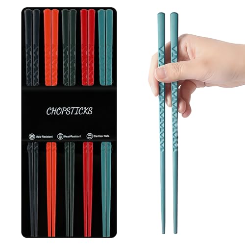 Kucensi 5 Paar Fiberglas-Essstäbchen, Premium-Japanische Wiederverwendbare Mit Muster, Geschenk-Set für Sushi, Asiatische Gerichte, Spülmaschinenfest(5 Farben)