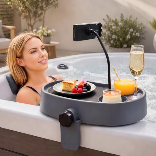 Geelin Hot Tub Table Tray with Adjustable Phone Holder Heavy Duty Nonslip Bathtub Table Tray Between 2.4-7.4 Clamps to Side of Tub Accessories with 2 Cup Holders for Outdoor Above Ground Bathtub