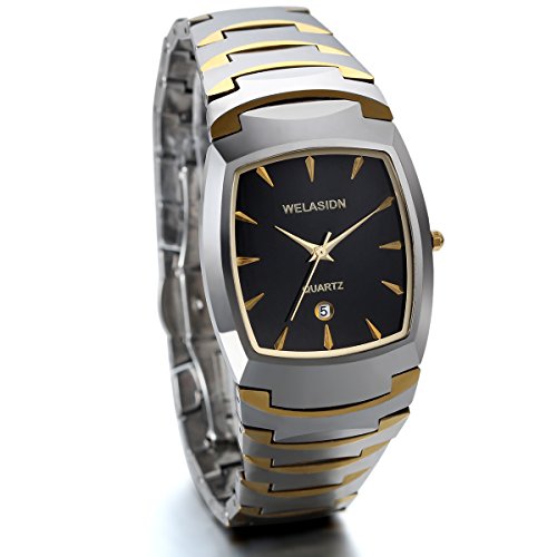 JewelryWe Herrenuhr Wolfram Rechteckige Uhr: Luxus Edle Kalender Analog Quarz Armbanduhr Herren Wolframcarbid Business Casual Uhr mit Schwarz Eckigem Zifferblatt Gold/Silber Geschenk für Männer