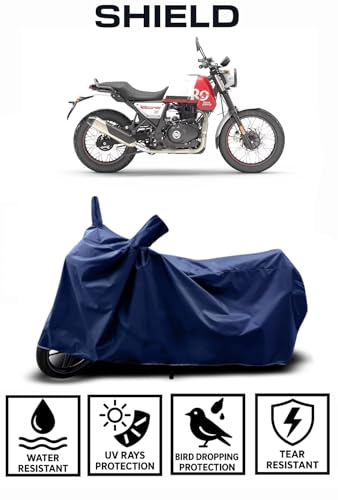 Image of Shield Heavy Duty Bike Cover for Royal Enfield Scram 411 | All-Season, Tear-Proof Fabric | with Side Mirror Pocket & Buckle Belt | Royal Enfield Scram 411 Bike Cover (Blue)