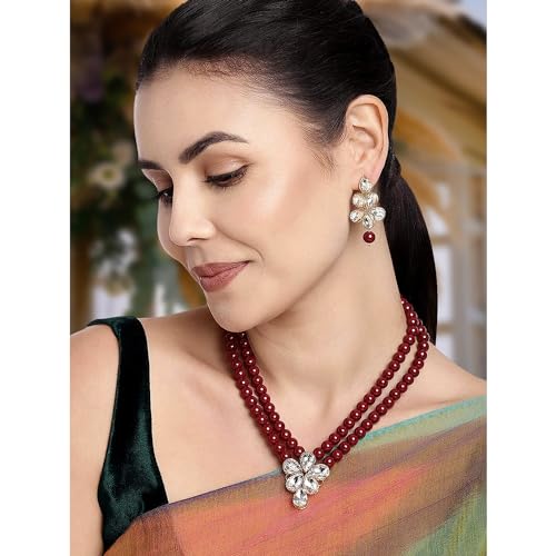 Image of Peora Crystal Faux Pearl Kundan Necklace & Jewellery Set Gift for Women