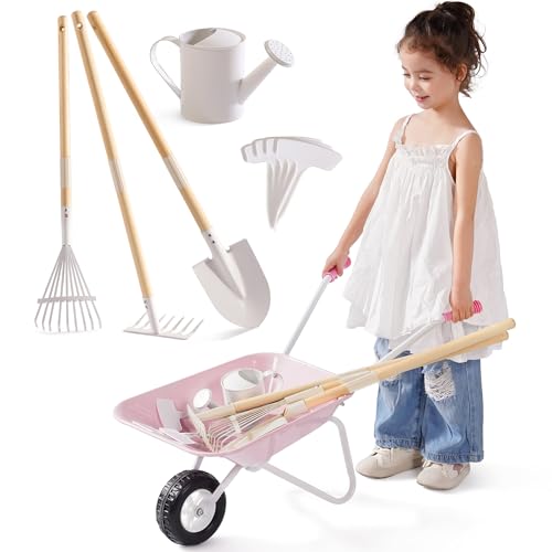 ROBOTIME Brouette en métal et outils de plantation pour enfants, 5 pièces, rose, avec poignée réglable en bois de pin, arrosoir, râteau, pelle, pour garçons et...