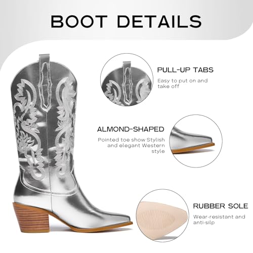 Image of GOSERCE Cowboy Boots for Women - Metallic Mid Calf Cowgirl Boots with Embroidery Sparkly Western Wide Calf Short Boots Fashion Pull on Pointy Toe Chunky Stacked Heel 2.5 inch