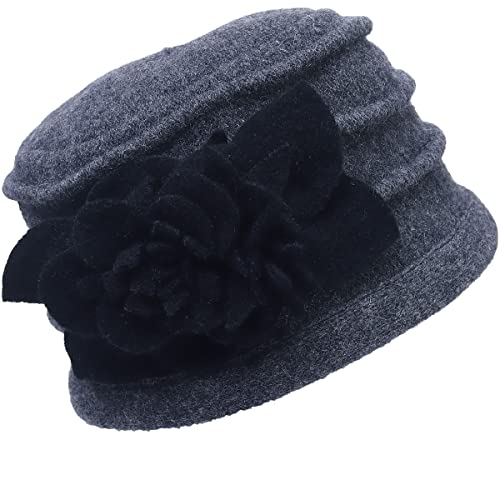 FORBUSITE Damen Wollhut Beanie Hut Wollwalk Mütze, Wollmütze, Fleecemütze, Glocke Elegante, Handarbeit, Grey Filzblume Cover