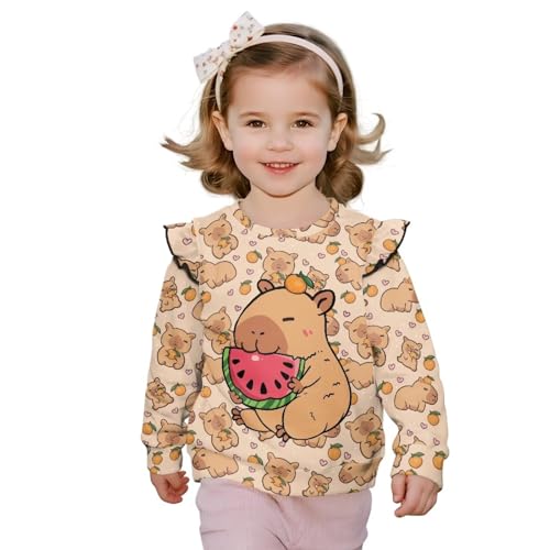 Girls Long Sleeve Shirts for Kids Cute Ruffle Shoulder Casual Crew Neck Sweatshirts Pullover Tops Age 1-8 Years