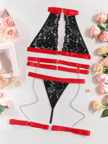 Image of Foxiny Sexy Halter Heart Ring Cutout Chain Floral Lace Sheer Garter Belt Lingerie Set 3 Piece