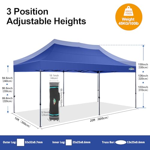 Image of COBIZI 10x20 Pop Up Canopy Tent with 6 Sidewall,Heavy Duty Canopy,Dark Blue